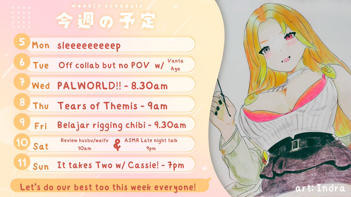 This week schedule!! Let's goo!!

🫧Tags!!🫧

🫧Live #MariLive
🫧Art  #Shikiart
🫧R18 #MariYabe
🫧Meme #Nishishishi
🫧Announcement #KeMari
🫧Clips #MariClips

#MariLive #YumeLive #KeMari #VtuberID #VTubersAreStillWatching