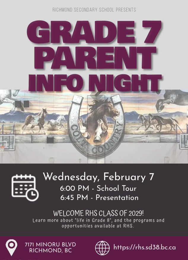 RichmondColts's tweet photo. Looking forward to welcoming Grade 7 families on Wednesday, February 7. We will begin with school tours at 6 PM and the info session at 6:45 PM.  Details at https://t.co/KZU2uUJ0nH. #FutureColts #RHSGrads2029 @RichmondSD38 @SamuelBrighouse @Ferris_Falcons https://t.co/r4rMpZ6aBy