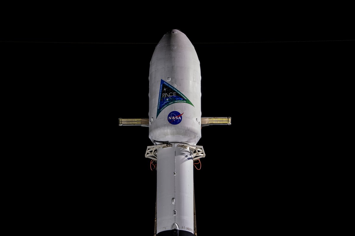 NASA_LSP's tweet photo. 🚀PACE LAUNCH UPDATE:
NASA and SpaceX are standing down from the Feb. 6 launch of the PACE mission due to unfavorable weather conditions. Launch is now targeted for 1:33 a.m. EST Wednesday, Feb. 7.  Both the PACE satellite &amp; the Falcon 9 remain healthy.
➡️ https://t.co/NuCuZqfVGw https://t.co/27vGQFnnq3