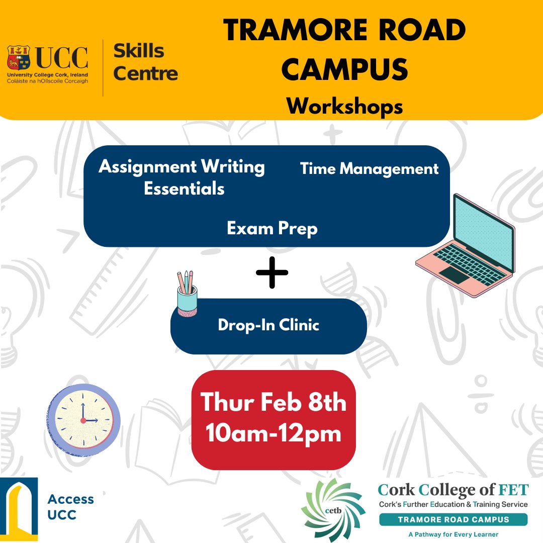 Access UCC's FE to HE Support Programme is delighted to link with the @UccSkills Centre to deliver learning workshops in @DouglasSt_CCFET and @csncollege Tramore Road this week!
#AcademicSkills
#Learning #FurtherEducation #QQI