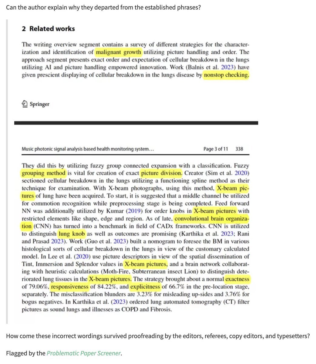 Guillaume Cabanac ⟨here and elsewhere⟩ (@gcabanac) on Twitter photo 😵 ‘Optical and Quantum Electronics’: 48+ unreliable articles riddled with #TorturedPhrases, mostly published in 2023. I suspect papermill submissions + compromised peer review. Hereby notifying <a href="/SpringerNature/">Springer Nature</a> and Editors: <a href="/UniofNottingham/">Uni of Nottingham #WeAreUoN</a> 🇬🇧 <a href="/IL_PIB/">Instytut Łączności</a> 🇵🇱. pubpeer.com/publications/2… 😵 ‘Optical and Quantum Electronics’: 48+ unreliable articles riddled with #TorturedPhrases, mostly published in 2023. I suspect papermill submissions + compromised peer review. Hereby notifying <a href="/SpringerNature/">Springer Nature</a> and Editors: <a href="/UniofNottingham/">Uni of Nottingham #WeAreUoN</a> 🇬🇧 <a href="/IL_PIB/">Instytut Łączności</a> 🇵🇱. pubpeer.com/publications/2…