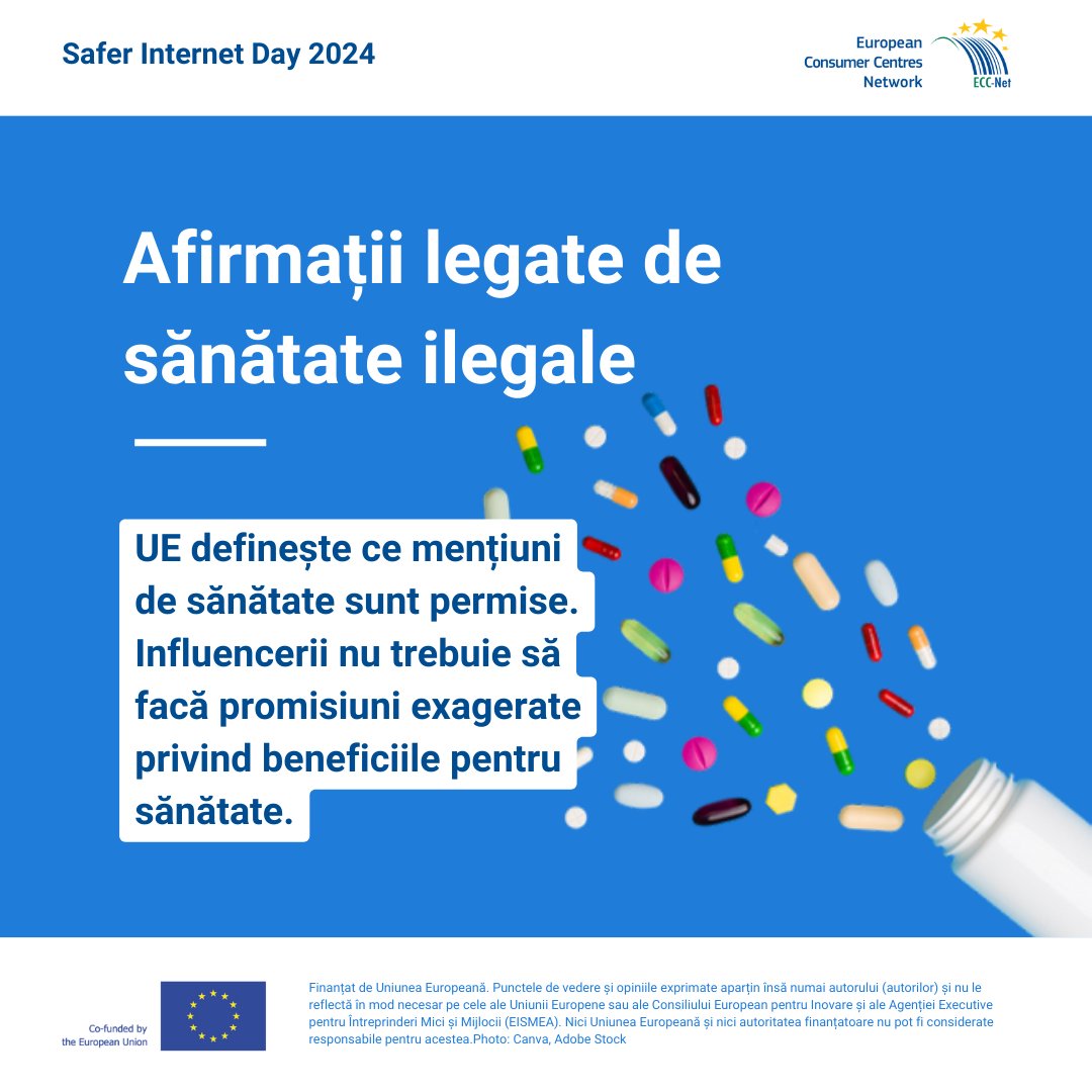 Influencerii trebuie să evite să facă afirmații ilegale privind sănătatea când promovează produse. Afirmațiile înșelătoare cu privire la beneficiile pentru sănătate încalcă regulile europene. #ECCNet #SID2024 #SaferInternetDay