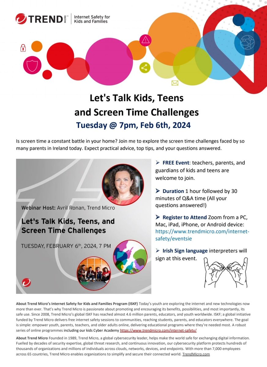 Happy Safer Internet Day! This evening Trend Micro will deliver a virtual talk for parents based on screen time at 7P.M. Please see the flyer for further information. 
Next week Trend Micro will deliver lessons to classes from 3rd to 6th . ⌨️🖱💻