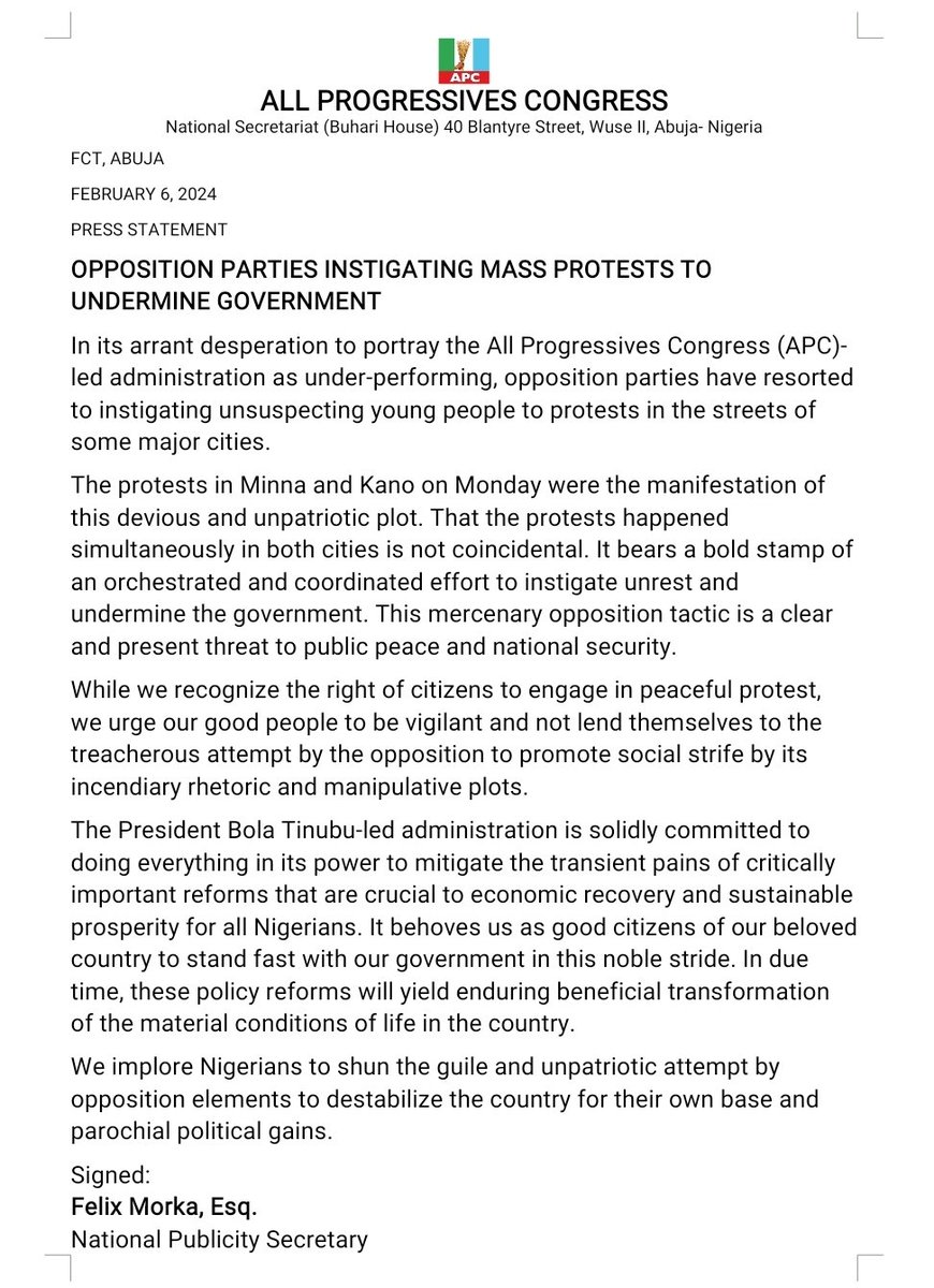 OPPOSITION PARTIES INSTIGATING MASS PROTESTS TO UNDERMINE GOVERNMENT