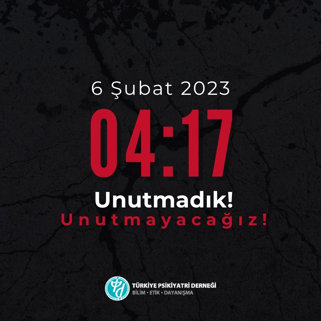 6 Şubat 2023 4:17'de 10 ilimizi etkileyen Kahramanmaraş depreminde yitirdiğimiz tüm vatandaşlarımızı saygı ile anıyoruz. #6Şubat #Deprem #Unutmadık #KahramanmaraşDepremi #6ŞubatDepremiAnma #TürkiyePsikiyatriDerneği