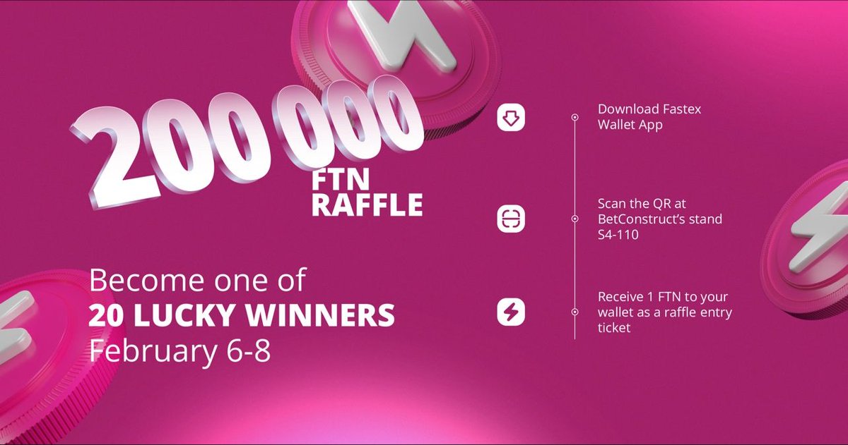 Be a part of the 200,000 FTN Raffle by BetConstruct at ICE London, 6-8 February! 🤩 Download Fastex Wallet, scan the QR at Stand S4-110 and get 1 FTN as your entry ticket. 🙌🏽 Don't miss the chance to win big – as 20 lucky winners will take home 10,000 FTN each! ⚡️