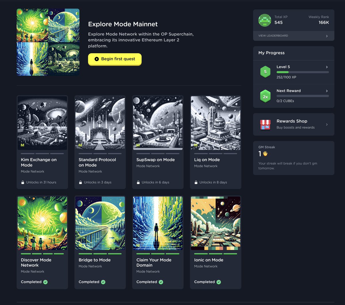 [Mode x Layer3]

Complete all the tasks, and boost your points on <a href="/modenetwork/">Mode 🟡</a> 🟡 

1/ Discover Mode Network (125 XP ❇️)
🔗layer3.xyz/quests/learn-a…

2/ Bridge to Mode (175 XP ❇️)
🔗layer3.xyz/quests/bridge-…

3/ Claim Your Mode Domain (100 XP ❇️)
🔗layer3.xyz/quests/registe…

4/ Ionic
