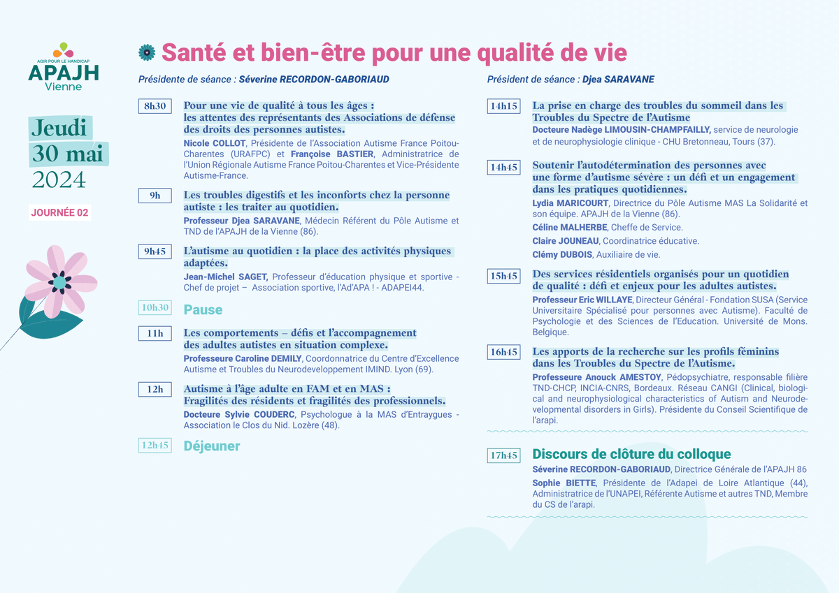 Colloque " L'autisme au quotidien : Comprendre et Agir pour le progrès et le bien-être de chacun " 

📅 Les 29 et 30 mai 2024 
📌 Palais des Congrès du Futuroscope / Poitiers (86) 
📝 Inscription avant le 10 mai 2024
 ➡ helloasso.com/associations/a…
