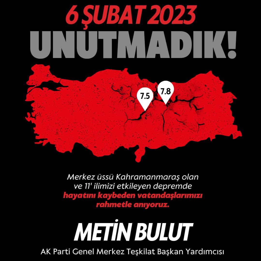 "6 Şubat..."

Zamanın durduğu, milletimizin dünyaya dayanışma ve yardımlaşma dersi verdiği o acı günü
Unutmayacağız!"

Depremlerde hayatlarını kaybeden vatandaşlarımızı rahmetle anıyoruz. Mekanları cennet olsun. Rabbim ülkemizi tüm afetlerden korusun.