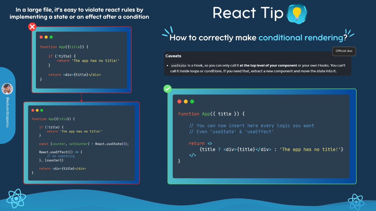 capanu2's tweet image. How to correctly use conditional rendering in React!

PS: I share one post a week on React. Follow me for more tips and information! 🙂

 #React #ReactJS #ReactTip