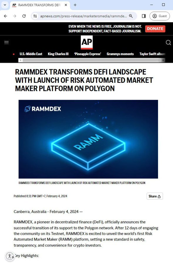 HBEsport's tweet photo. After 7 days of operation on the Polygon network, @RammDex🦋has received positive feedback from the community🌐✨🙌
Thanks to @AP"The Associated Press"for their support in spreading the news to the community.📰🤝
#RammDex  #RAMM #RammDexMainNet #Polygon #Ap #Hash #AMM #TradeCoin https://t.co/QhnXO5COrf