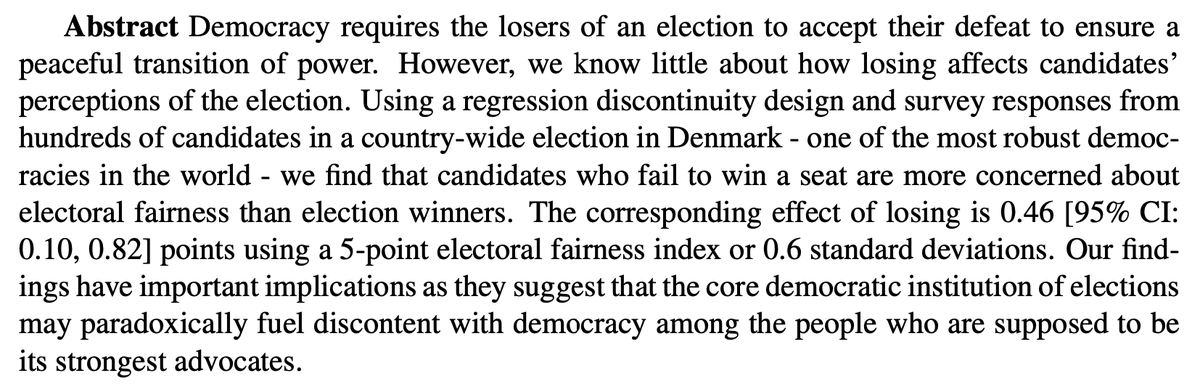 Now conditionally accepted at @The_JOP: 'Unsuccessful candidates are more concerned about electoral fairness than election winners' w/ @MartinBaekgaard @henrikseeberg tl;dr Losing candidates question electoral fairness, even in strong democracies like Denmark