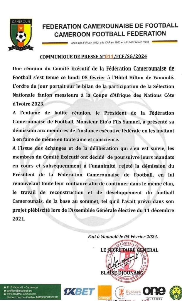 FNkengue's tweet photo. A la @FecafootOfficie, le foot rend fou. Ce communiqué est un cirque. Novelas en plein Yaoundé.  #football @TheodoreAyissi @BelibiEdward @OkaliaMidrel https://t.co/gLSkBfpmzL