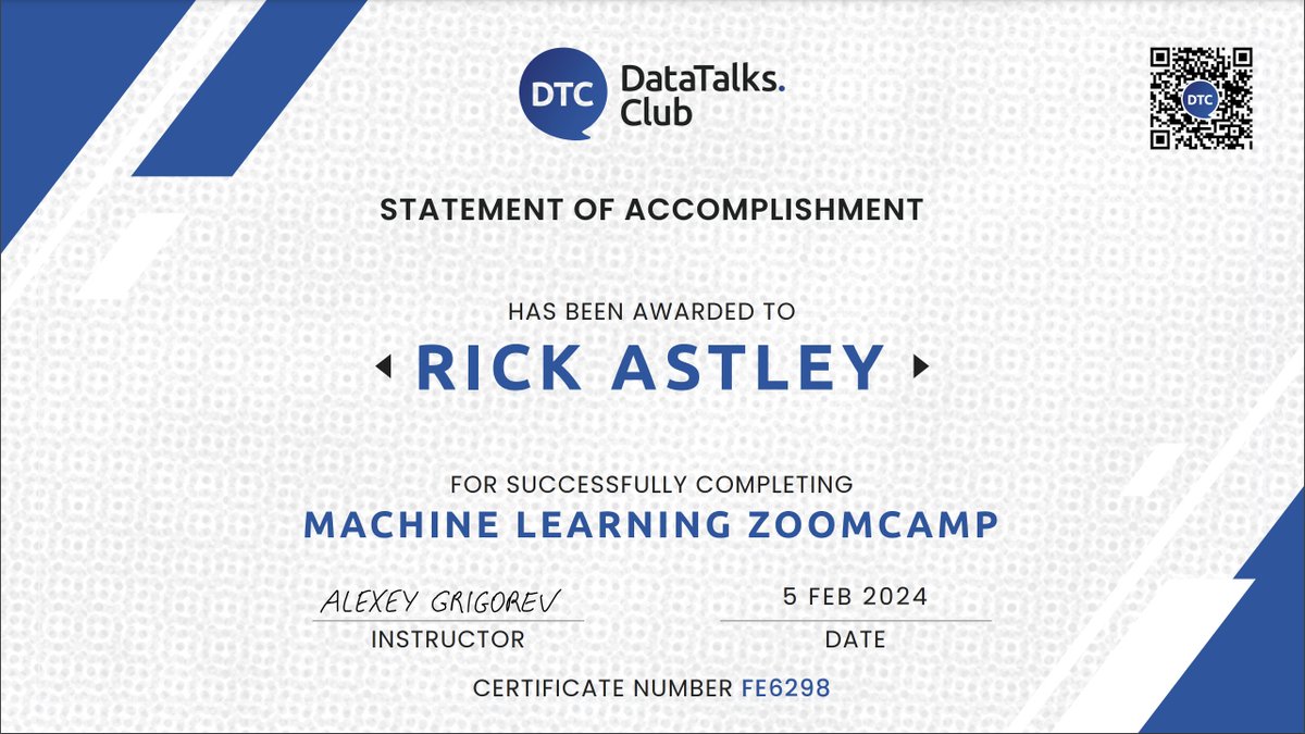 Al_Grigor's tweet photo. Well done to everyone who successfully finished the Machine Learning Zoomcamp! 🎉

178 students submitted their projects and aced all assessments. Fantastic work! You can download your certificates at https://t.co/GxOEGRSUiG

1/2 https://t.co/CVgB6lHph9