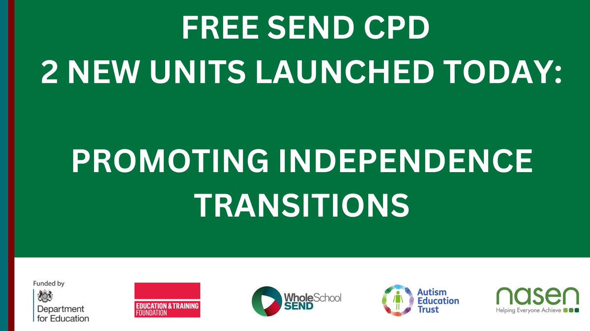 📢 LAUNCHED TODAY!

Brand new #SEND CPD units on Promoting #Independence annd #Transitions.

✔️FREE
✔️Complete in less than an hour
✔️Guidance on adaptations to teaching across the age-range

Read more: ow.ly/KuJr50Qy2Va
Get started: ow.ly/Ah4U50Qy2V9