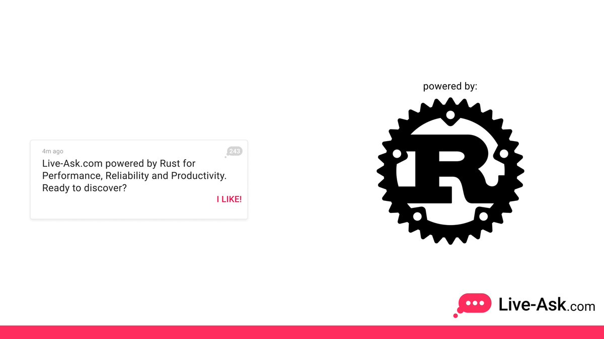 liveaskapp's tweet image. Discover Live-Ask.com, powered by full-stack Rust for unmatched Performance, Reliability, and Productivity. 💪🚀Experience our innovative platform built entirely with Rust. #LiveAsk #FullStackRust
