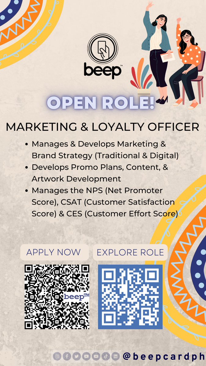beep_card's tweet photo. Hi mga ka-beepers! beepโข is opening its doors for the following positions:
๐ Marketing & Loyalty Officer
๐ Marketing Assistant
๐ Data Analytics Supervisor
๐ผ CRM & Admin Assistant
Apply now: https://t.co/XXzdxeouGM
#beepTM #beepPH #hiring #openroles https://t.co/1mbedgH30x