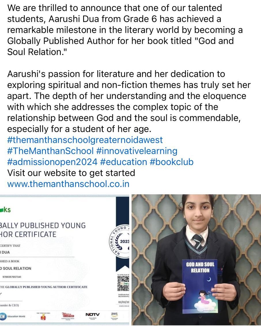 BriBooks_global's tweet photo. Aarushi Dua, the author of "God and Soul Relation," shares her book along with her awards.
Check out her book here: https://t.co/lOIq800uFC
#authorsofbribooks #youngautors #authorpost https://t.co/IyEHAOk9MS