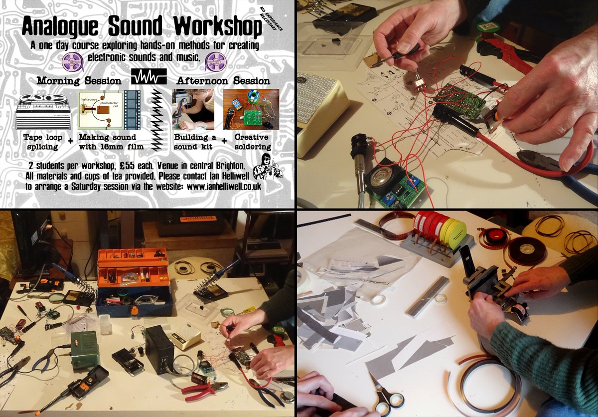 The Analogue Sound Workshop ran at the weekend in Brighton, with 2 keen participants who made tape loops; created synthetic sound with 16mm film; built an electronic kit; and creatively soldered a walkie-talkie. ianhelliwell.co.uk/analogue-sound…