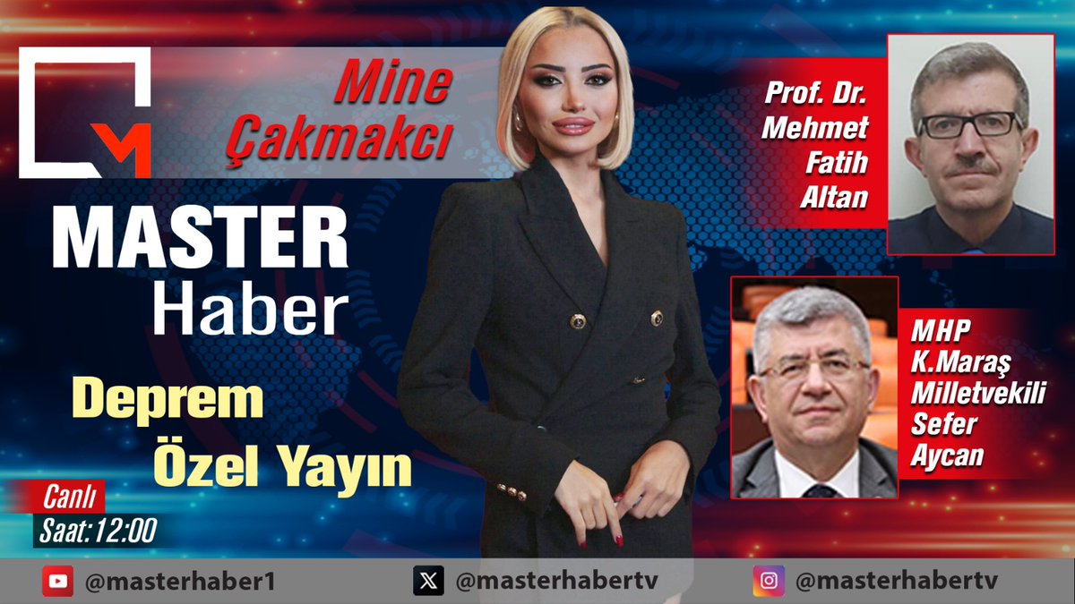 📌6 Şubat Depremin 1. Yıldönümü 📍Prof. Dr. Mehmet Fatih Altan 📍MHP Kahramanmaraş Millet Vekili Sefer Aycan ⏰Master Haber TV Deprem Özel Yayını Saat: 12.00'de Canlı Yayın ile Master Haber TV'de... 👉YAYIN LİNKİ: youtube.com/watch?v=056ZC1… @Minecakmakci1 @ProfDrMehmetFa1…