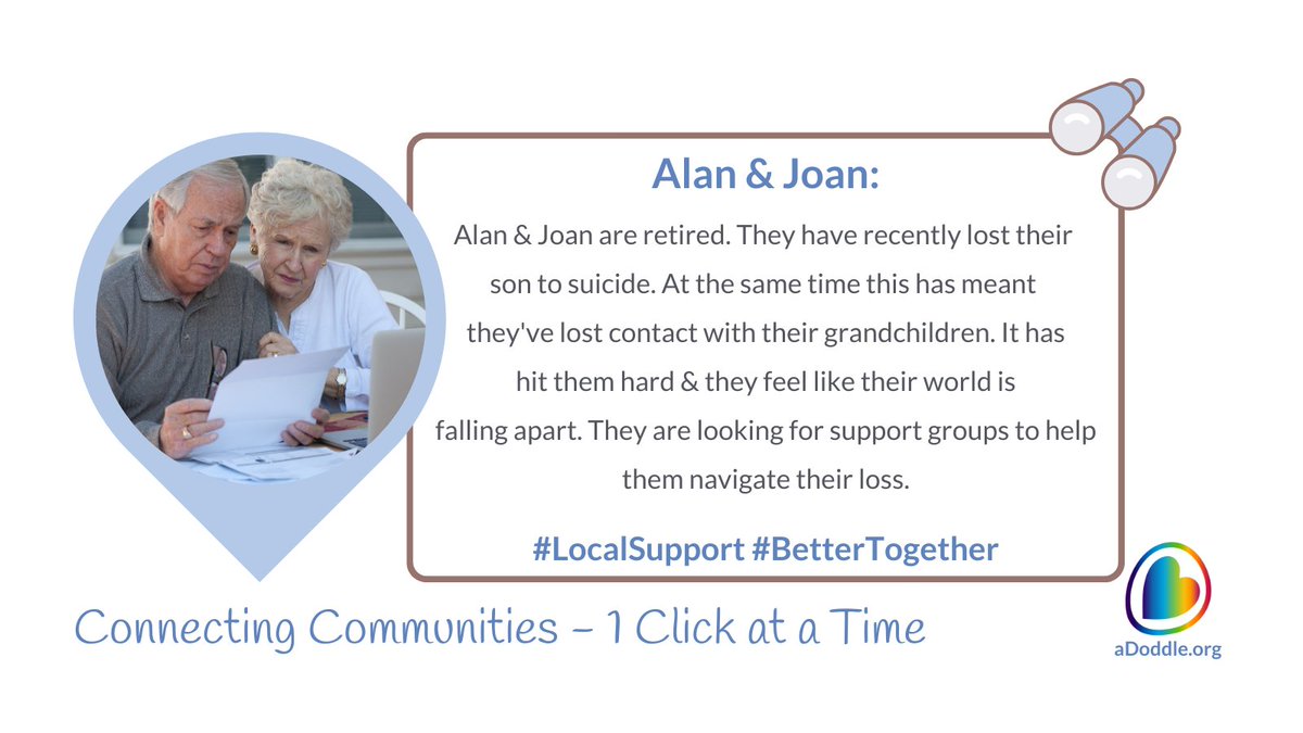 aDoddle_UK's tweet image. &apos;Alan &amp;amp; Joan&apos; are retired. They&apos;ve recently lost their son to suicide, this has also meant they&apos;ve lost contact with their grandchildren. They&apos;re looking for support groups to help them navigate their loss.

For 𝗘𝘃𝗲𝗿𝘆𝗼𝗻𝗲 and 𝗘𝘃𝗲𝗿𝘆 𝗖𝗼𝗺𝗺𝘂𝗻𝗶𝘁𝘆📍

#CommunityMaps