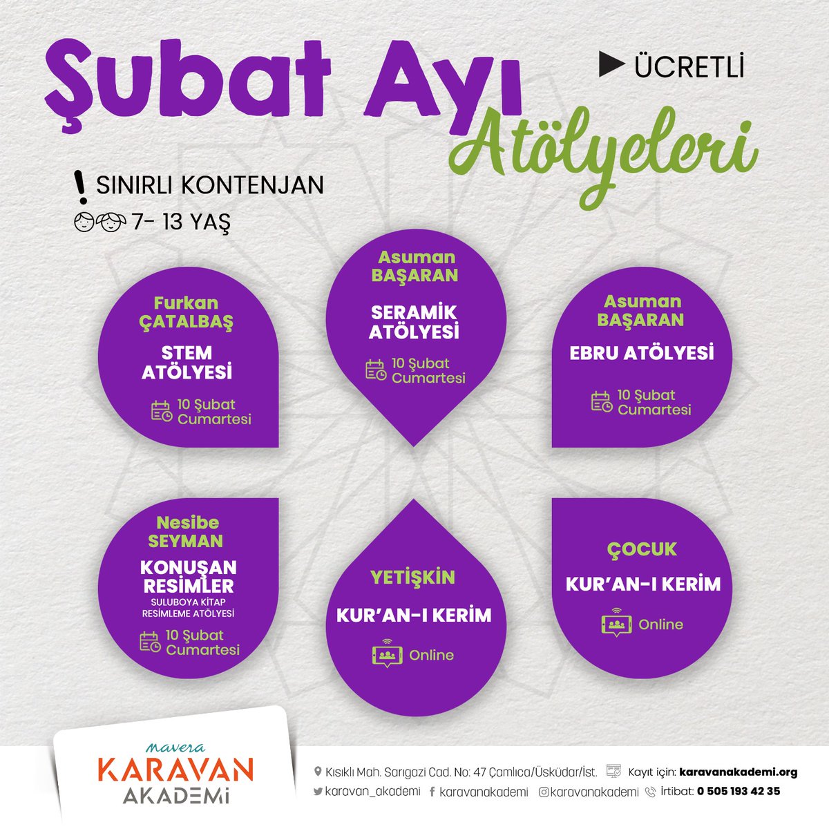 karavan_akademi's tweet photo. Karavan Akademi Şubat Ayı Atölyeleri
 
 📞 Kayıt İçin: 0552 848 13 22
 🌐 https://t.co/6NP89nQL6j https://t.co/CJxuXpjZeY