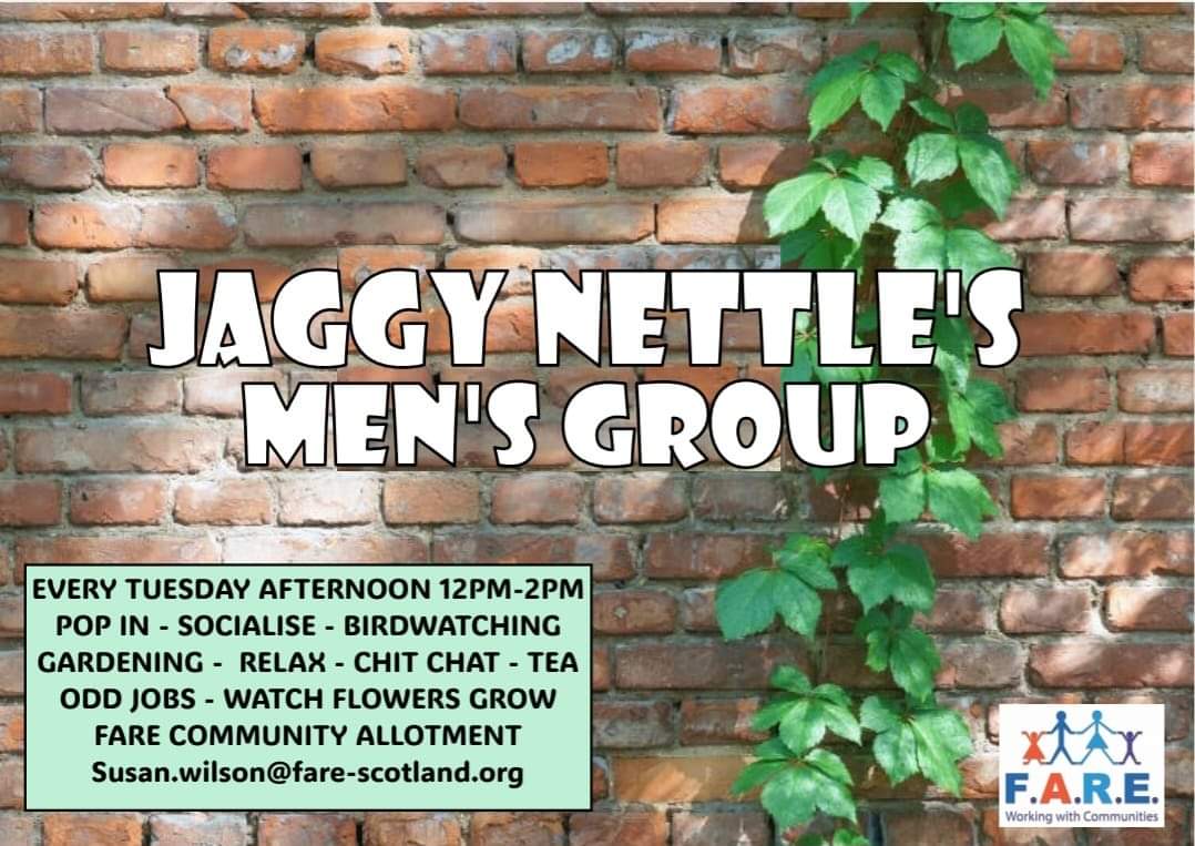 @FARE_Scotland Jaggy Nettles Mens Club. Today 12-2 . Pop in for a chat, cuppa, socialise, birdwatching, odd jobs, gardening, or just relax . @RHSBloom @stefanie_FARE Thx @Nick_FARE designing fab poster ❤️