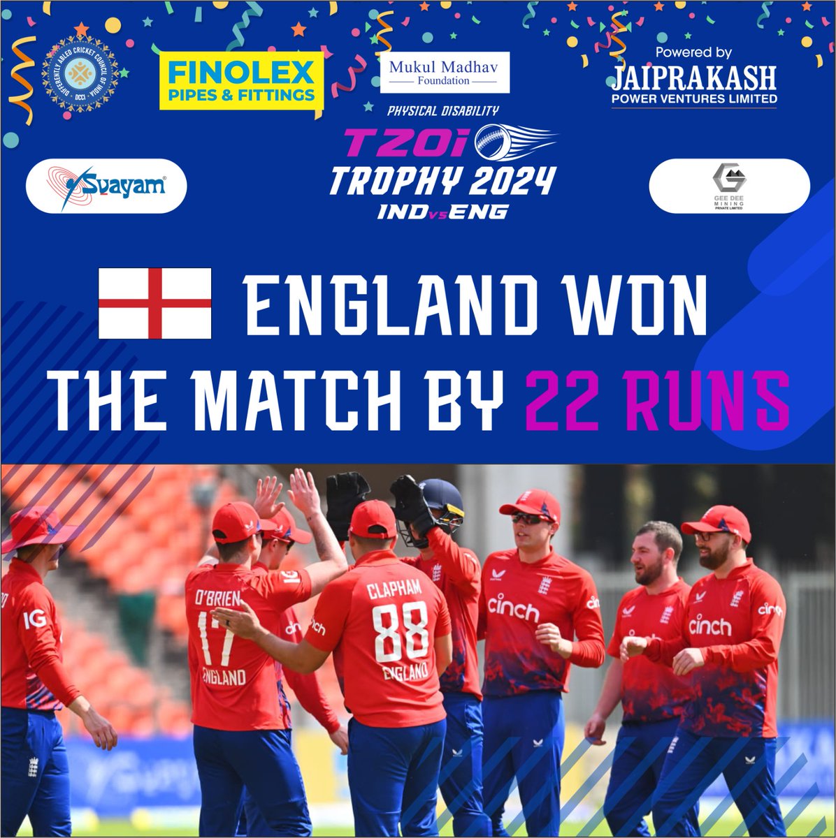 dcciofficial's tweet photo. Congratulations Team @englandcricket on your victory in the 5th match of the Mukul Madhav IndVsEngPDT20I 2024 Series! 

England won the 5th match by 22 Runs !

Well played 👏

#KhelengeJeeJaanse #PhysicalDisability #Accessebilityforall #DCCI https://t.co/D78aOho1Dx