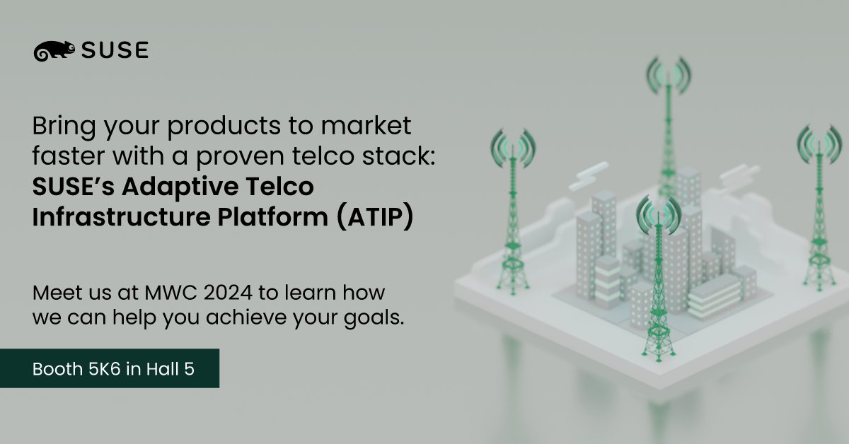 Cheikhrouhou_M's tweet photo. Attending #MWC24? See our partner #SUSE at booth 5K6, Hall5 to learn how you can future-proof your network infrastructure and achieve faster time-to-market with #SUSE’s Adaptive Telco Infrastructure Platform ( #ATIP).

#SUSE #SUSEChampions #MWC24 https://t.co/wm7Q8jPome https://t.co/KIdcoxSjgu