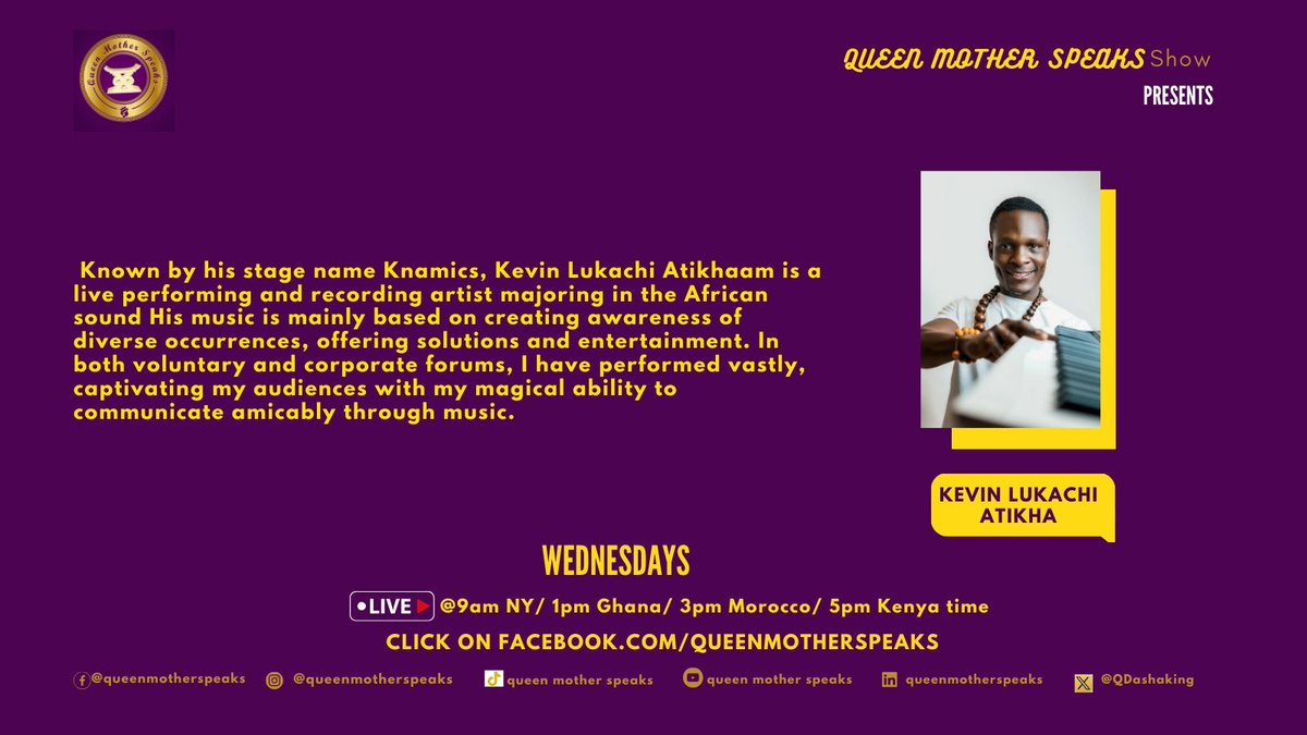 QDashaking's tweet photo. Join us LIVE this Wednesday with Kevin Lukachi Atikha on Queen Mother Speaks. Don't miss it! @queenmotherspeaks @authorteresarkemp @raquiyahmurphy @dashanabaking #queenmotherspeaks https://t.co/yUkbLWpTe8