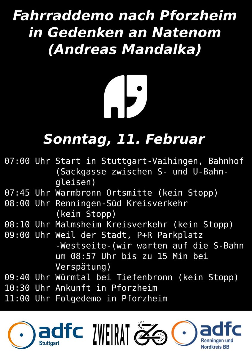 Der ADFC Stuttgart und @zweirat0711 haben eine Zubringer-Tour zur Gedenkveranstaltung für #natenom organisiert. adfc-bw.de/pforzheim/adfc…