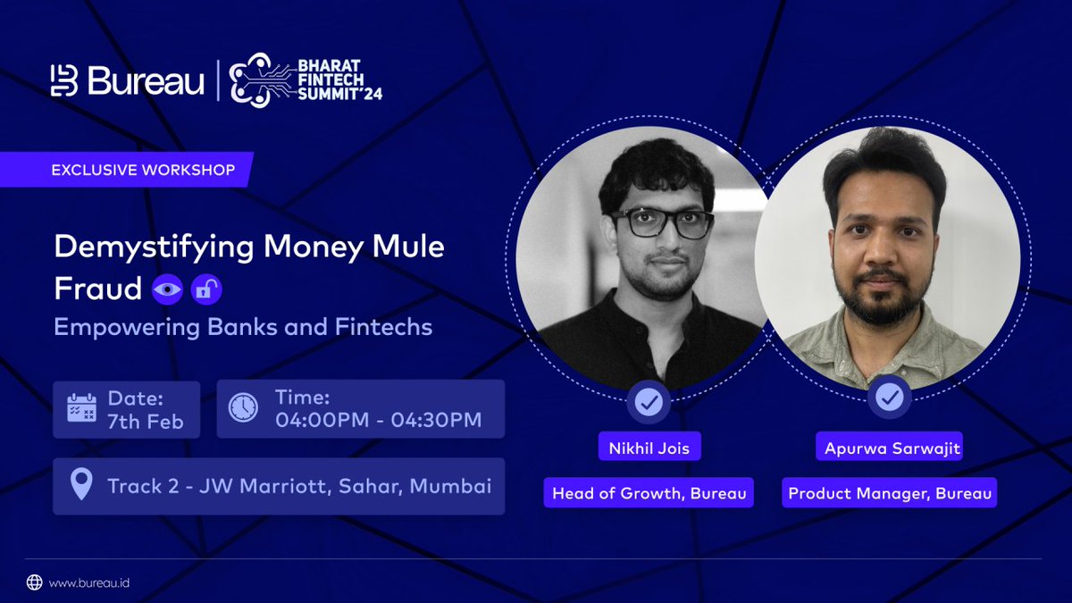 Nikhil Jois (@nikhiljoisr) on Twitter photo Are you going to be at the Bharat Fintech Summit in Mumbai over the next couple of days?
My colleagues <a href="/apurwasarwajit/">Apurwa Sarwajit 🇮🇳</a> and <a href="/triya2799/">Triya Shah</a> have been studying the behaviour of Money Mules across Banking, Lending, and Wealth Tech for over 2 years.
These learnings that took hundreds Are you going to be at the Bharat Fintech Summit in Mumbai over the next couple of days?
My colleagues <a href="/apurwasarwajit/">Apurwa Sarwajit 🇮🇳</a> and <a href="/triya2799/">Triya Shah</a> have been studying the behaviour of Money Mules across Banking, Lending, and Wealth Tech for over 2 years.
These learnings that took hundreds