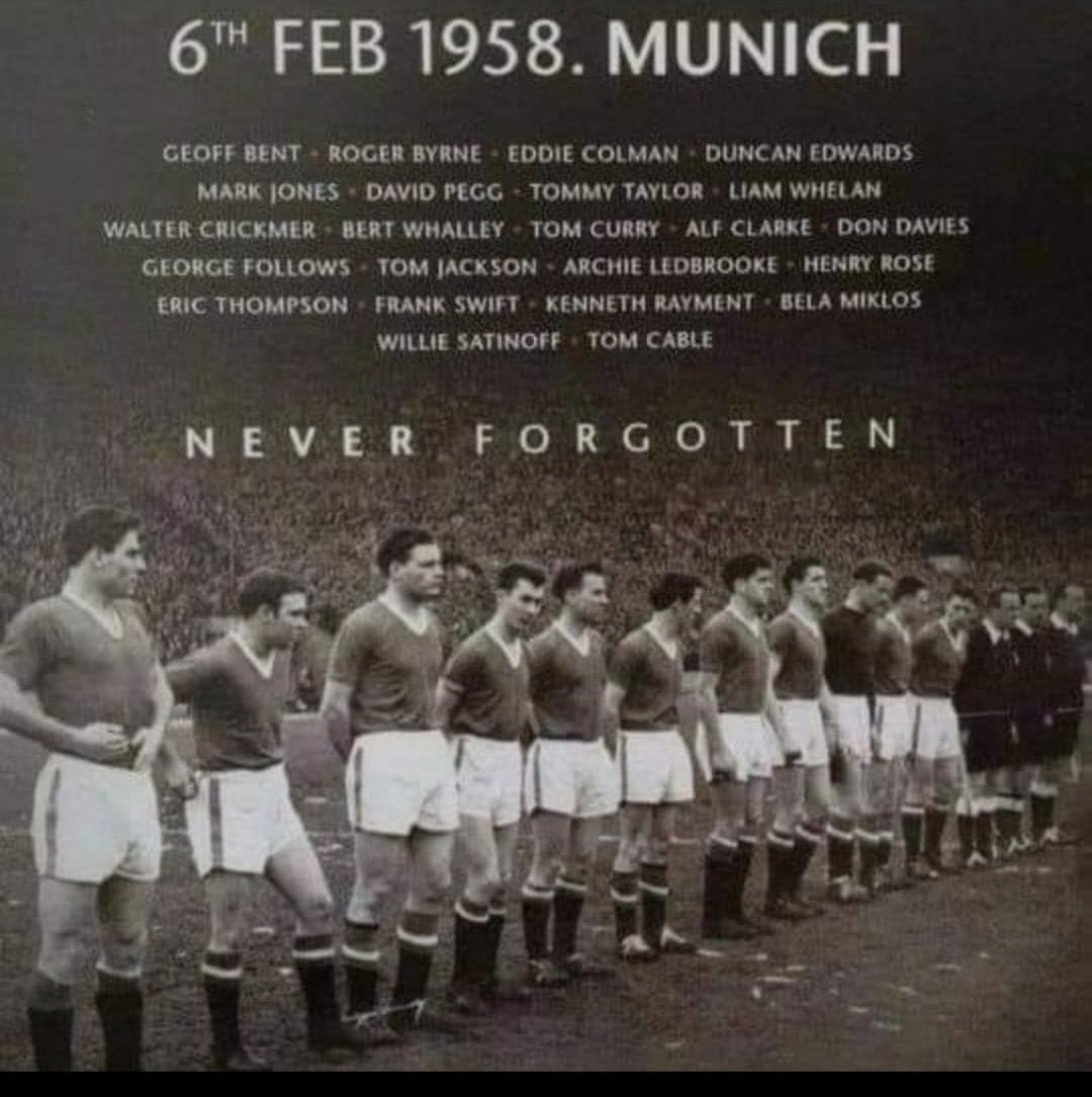 MUFC_FanaticsSA's tweet photo. A broken heart a broken dream
A broken plane a broken team
No words were said a silent vow
We loved you then we love you now
The red flag will always fly
For Man United will never die
Never to be forgotten
6th February 1958... ⚘🔴⚪⚫
#FlowersOfManchester https://t.co/lqZZzcF8iO