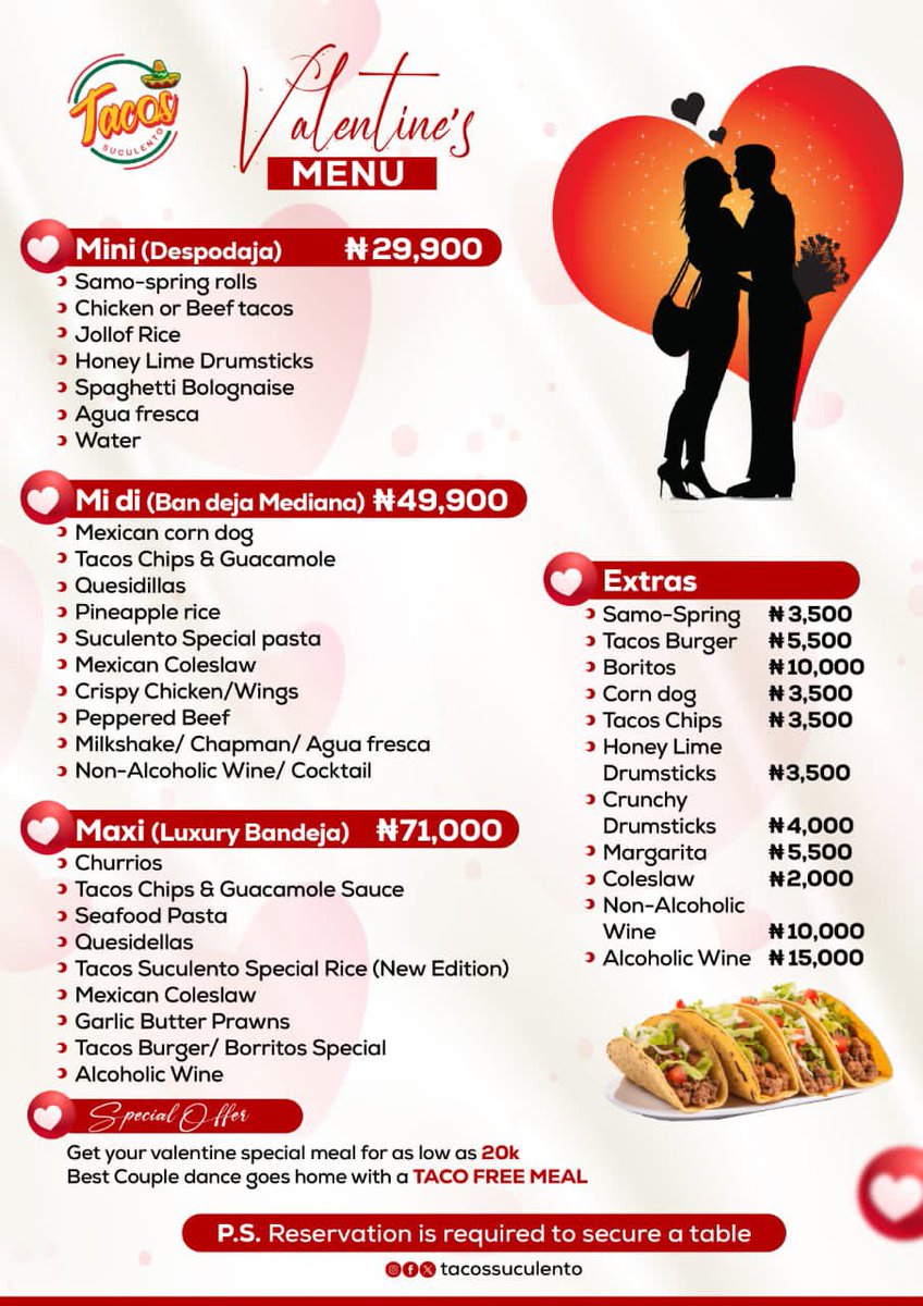 Amigos, we celebrate love and flavors this Valentine’s Day at our Mexican restaurant! 🌮 ❤️ 
Join us for a romantic fiesta filled with mouthwatering dishes and margaritas that will make your heart sing! 

Get a Valentine meal as low as 20k. Reservation is adviced🥳 🎻  #ibes