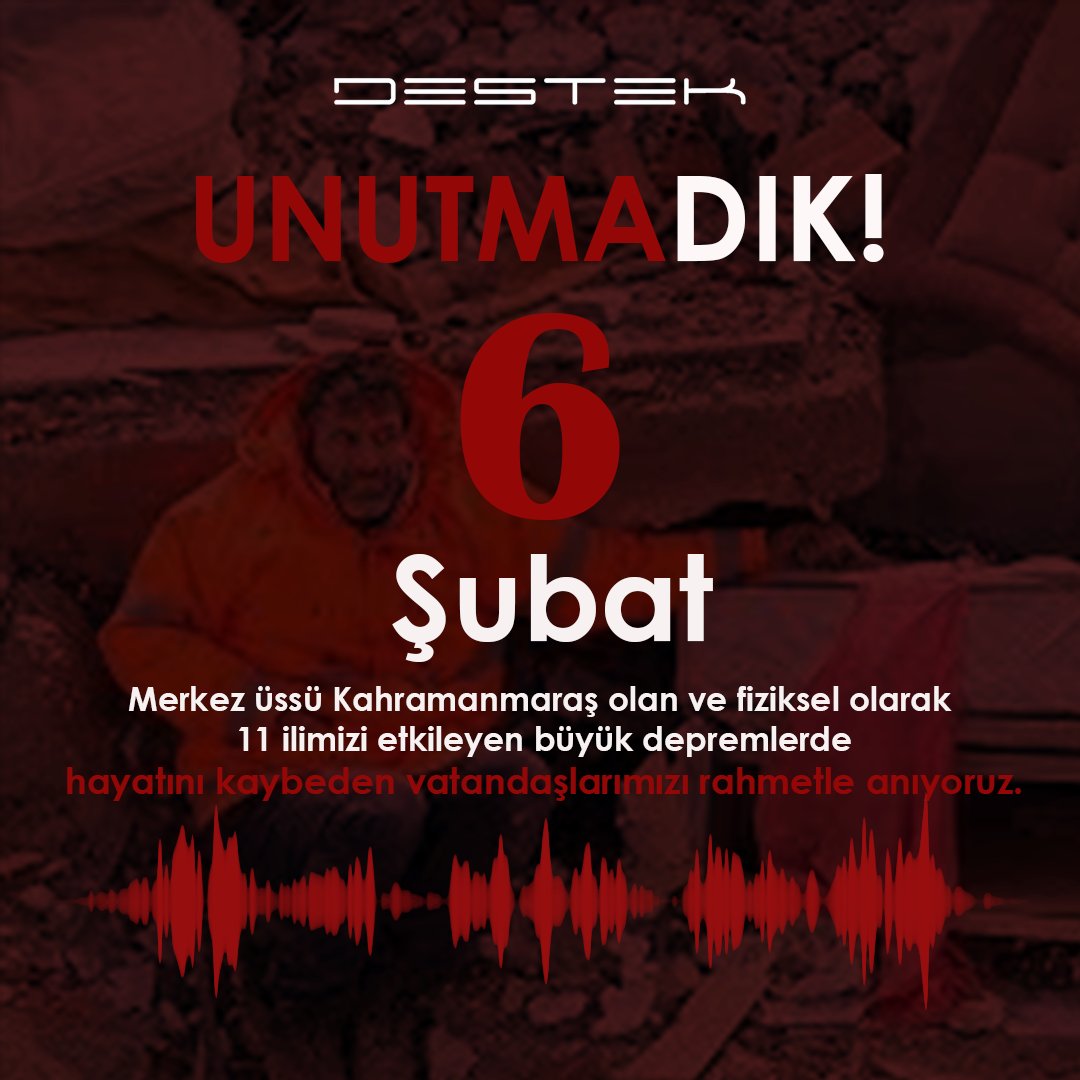 Geçtiğimiz yıl 6 Şubat’ta bir daha hiçbir şeyin eskisi gibi olamayacağı bir güne uyandık. Fiziksel olarak 11 ilimizi etkileyen Kahramanmaraş depremlerinin acısı 81 ilimizde hissedildi. Hayatını kaybeden vatandaşlarımızı rahmetle anıyoruz. #unutmadık #6Şubat #Destek #DestekAS