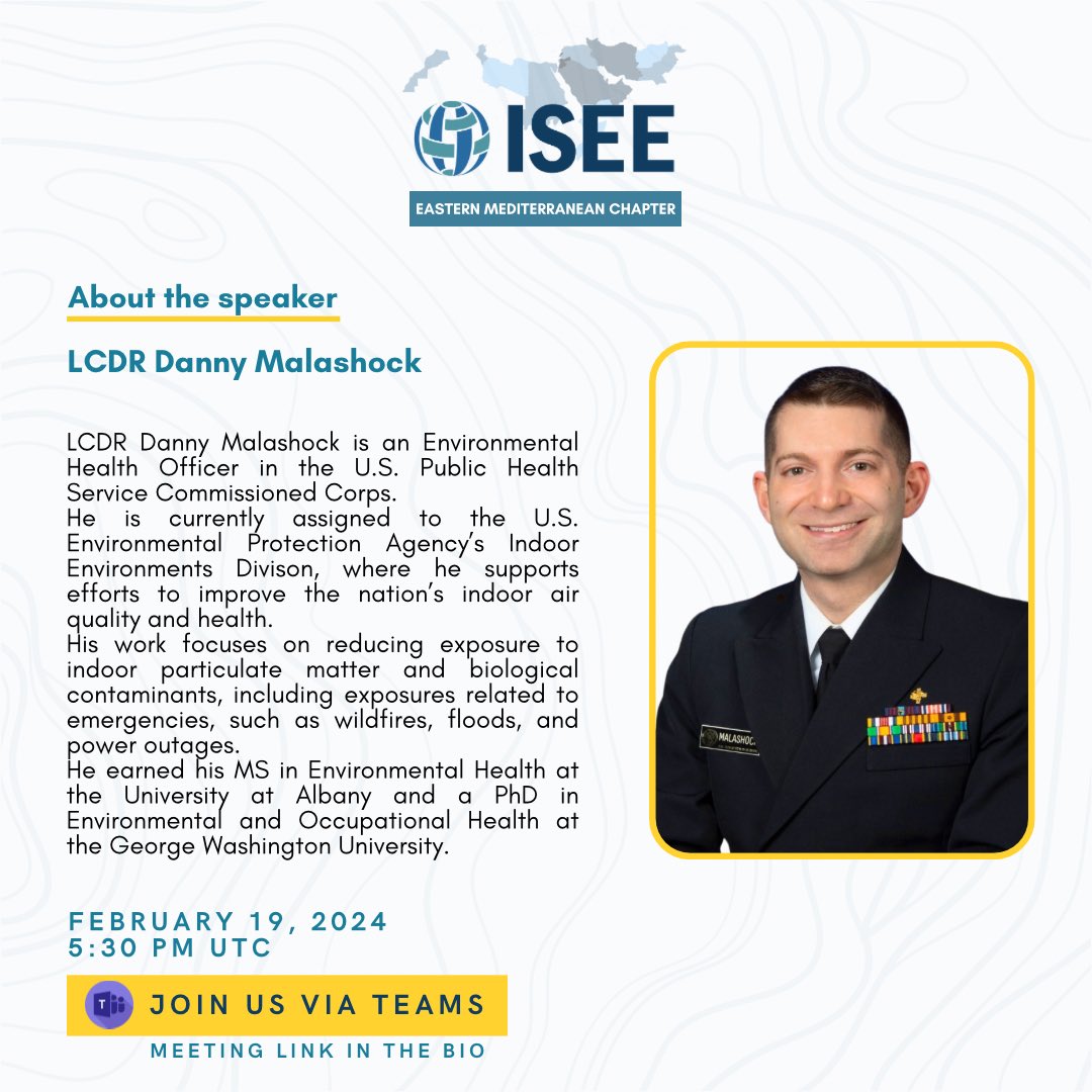 “Indoor Air Pollution and Health: Fundamentals and New Insights”

🗓️Date: February 19, 2024
🕠Time: 5:30 PM UTC
💻Platform: Microsoft Teams

🔗 Registration link below:
teams.microsoft.com/l/meetup-join/…

#isee_emc #Webinar #workshop
