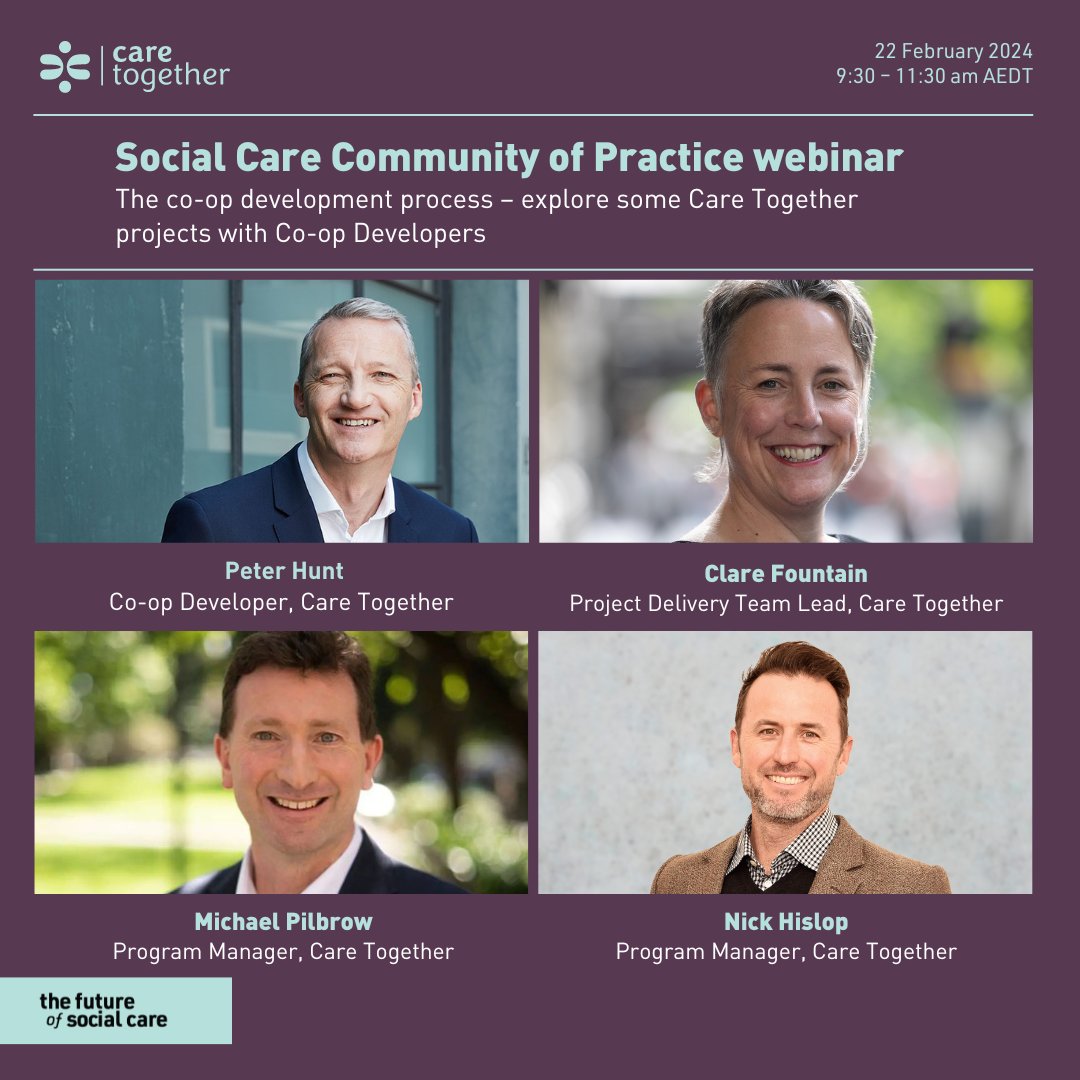 Join us for our Care Together Program’s Social Care Community of Practice meeting on Thursday, 22 February, from 9:30 – 11:30 am AEDT. Explore the co-op development process and some of our Care Together projects. Register online to attend. caretogether.coop/events-educati…