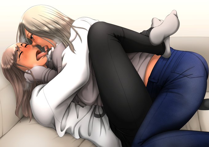 極寒いので黒ギャルが密着してレズキスして暖を取ってる絵 