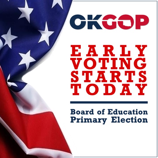 Today, starts Early voting for the Board of Education Primary voting that is for Tuesday, February 13th.
Thursday, Feb. 8th - 8am to 6pm
Friday, Feb. 9th - 8am to 6pm 
#2024Elections #BoardOfEducation #EarlyVoting #OKGOP