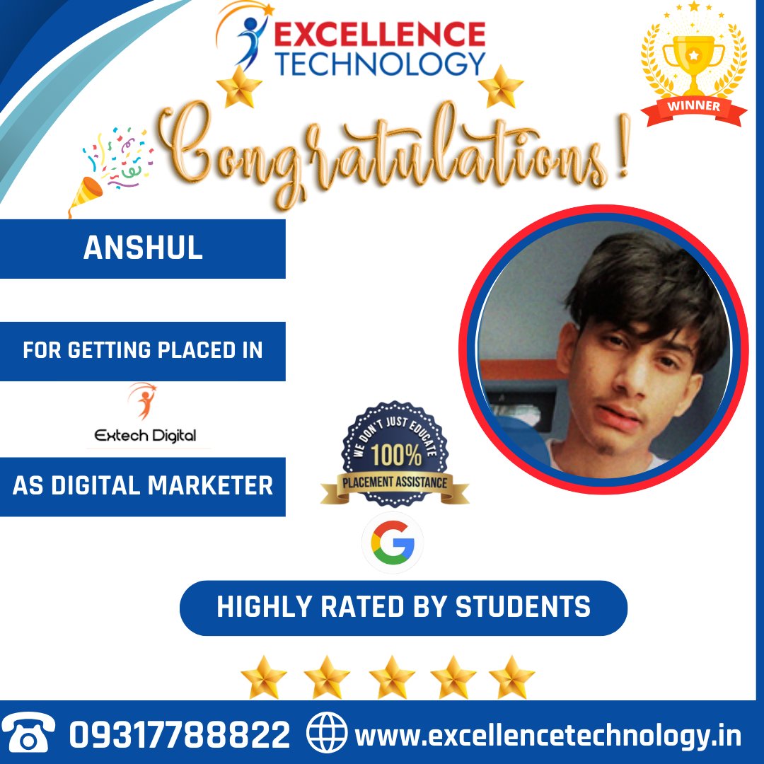 extech22's tweet image. 🎉 Excellence Technology celebrates Anshul's triumph! 🌟 Course completed, job secured! 🚀 Congratulations on your stellar achievement! LETS TALK WITH EXPERTS:-  ☎ 9317788822🎓👏 #SuccessStory #ExcellenceTech #CongratulationsAnshul
