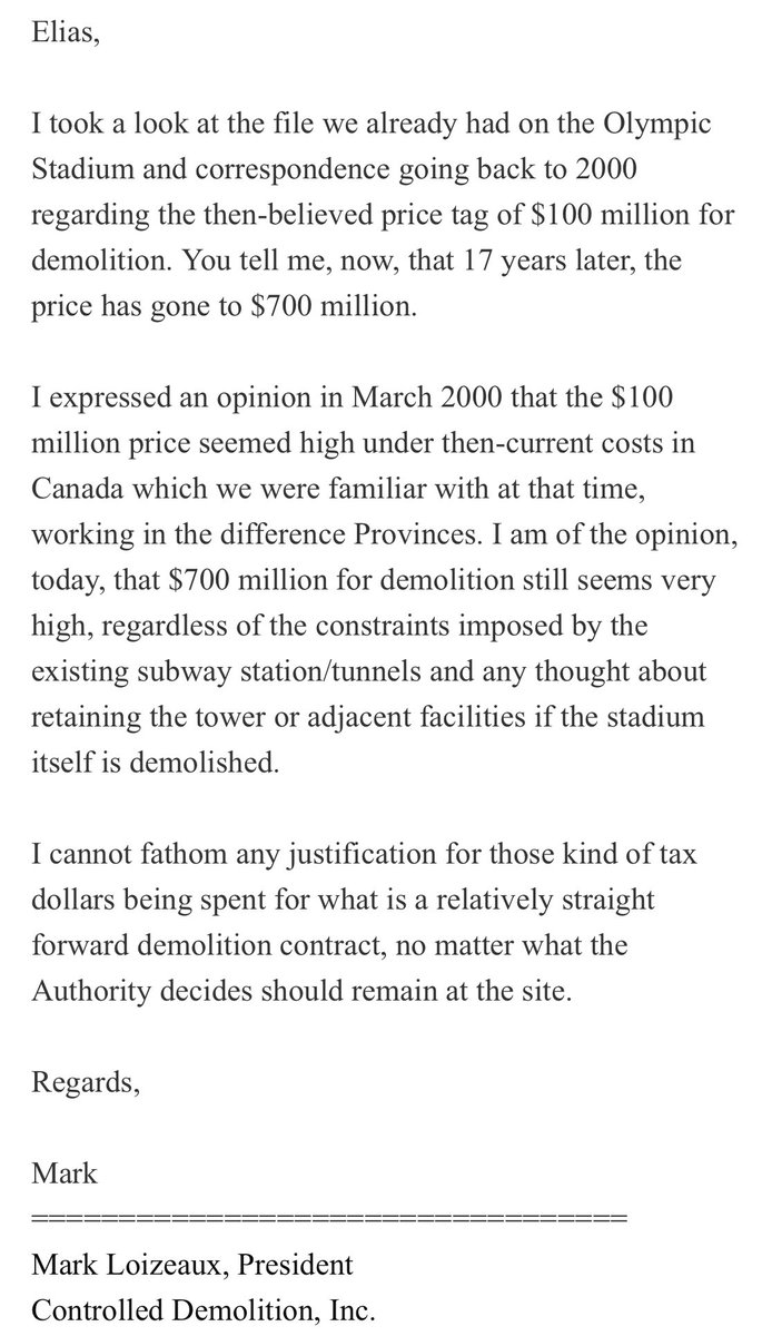 In 2017, I wrote to Controlled Demolition Inc. to ask them their opinion on the astronomical price tag the government was quoting (then $700M) to demolish the Olympic Stadium. At the time the company held many demolition world records, including the largest by volume, Seattle’s