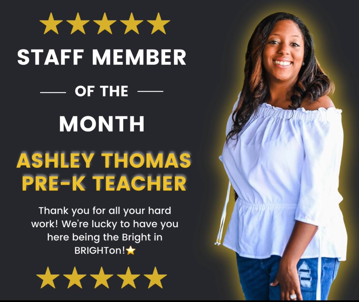 BrightonJEFCOED's tweet photo. Congratulations to our PreK teacher, Mrs. Ashley Thomas, for being voted as January’s Staff Member of the Month! Mrs. Thomas’ hard work and bright smile helped us have an amazing January! Mrs. Thomas is definitely a SHINING STAR! Jefferson County Schools #BrightInBRIGHTon ❤️🐻⭐️ https://t.co/MzCbnh7Teq