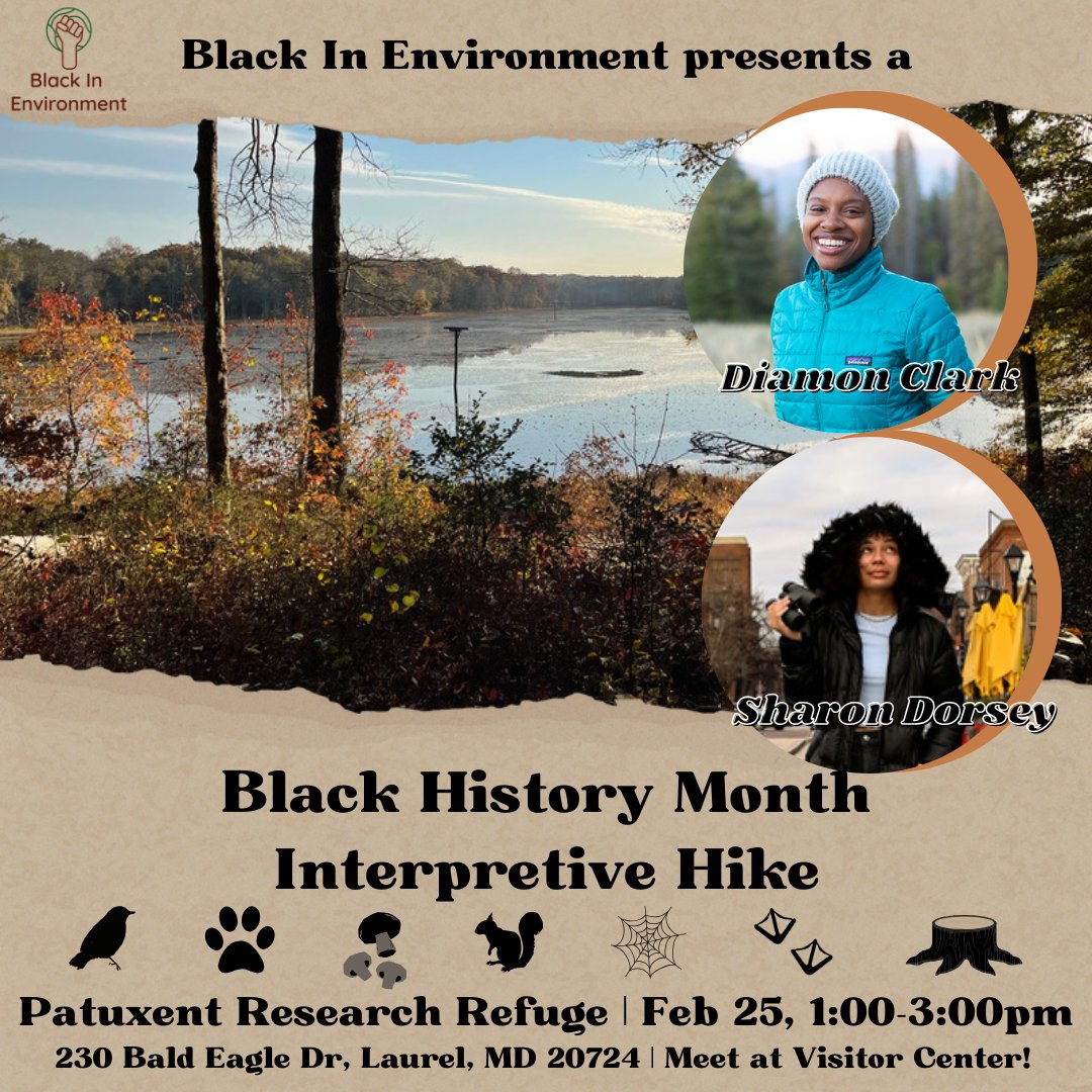 Calling all DMV-based Black environmentalists! 🌲 Join our co-organizer, @sharinnature, and previous #BlackInEnvironWeek panelist, @diamon_does, this Black History Month for an interpretive hike within Patuxent Research Refuge North Tract. Register here: eventbrite.com/e/black-in-env…