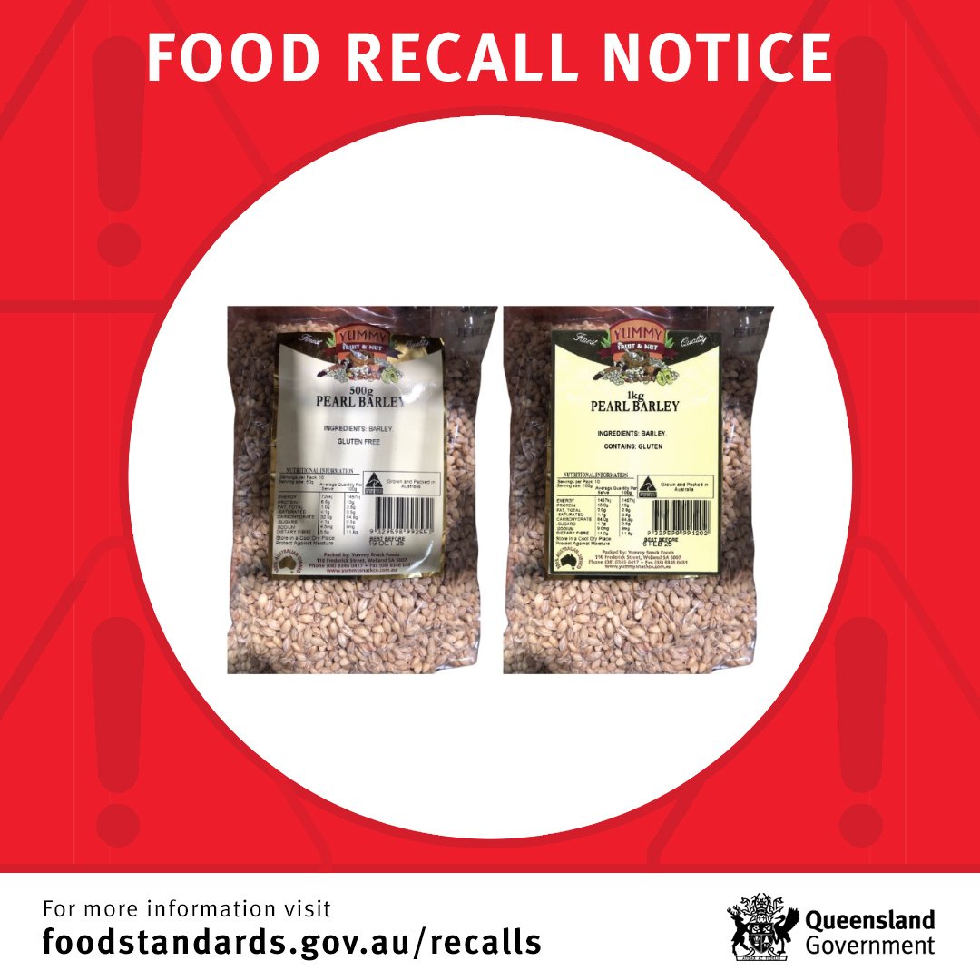 ⚠️ Food recall notice ⚠️ Yummy Snack Foods Pearl Barley 500g and 1kg. Best Before: 19 Oct 2025. The product was available at independent retailers including IGA. The recall is due to mislabelling of an undeclared allergen (Gluten). Full details: foodstandards.gov.au/food-recalls/a…