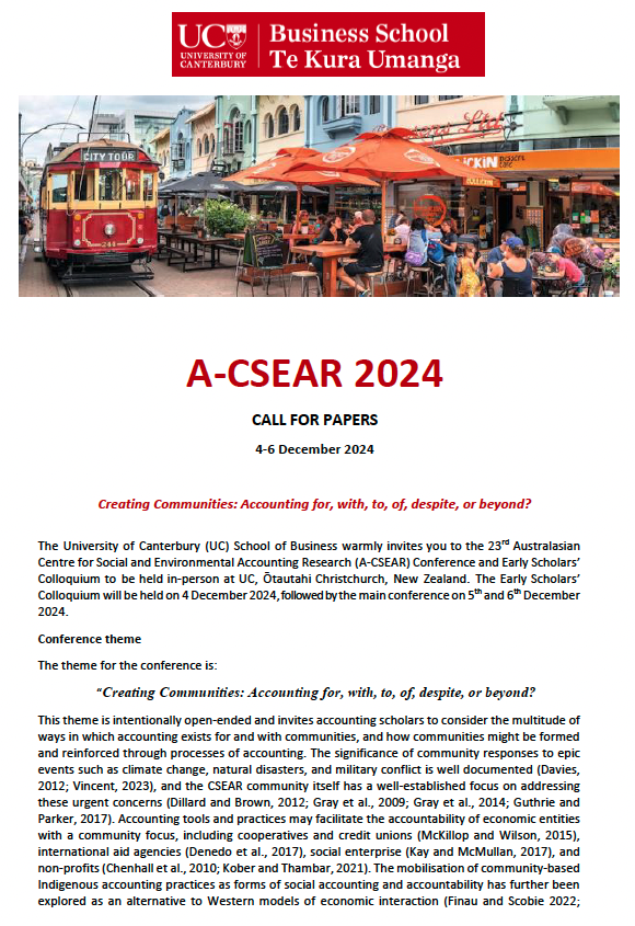 CALL FOR PAPERS - ACSEAR 2024 4-6 Dec @UCNZ, New Zealand Creating Communities: #Accounting for, with, to, of, despite, or beyond? We encourage submissions that consider accounting’s role in enabling, directing, permitting or restricting communities to emerge & thrive. @csearUK 👇🏼