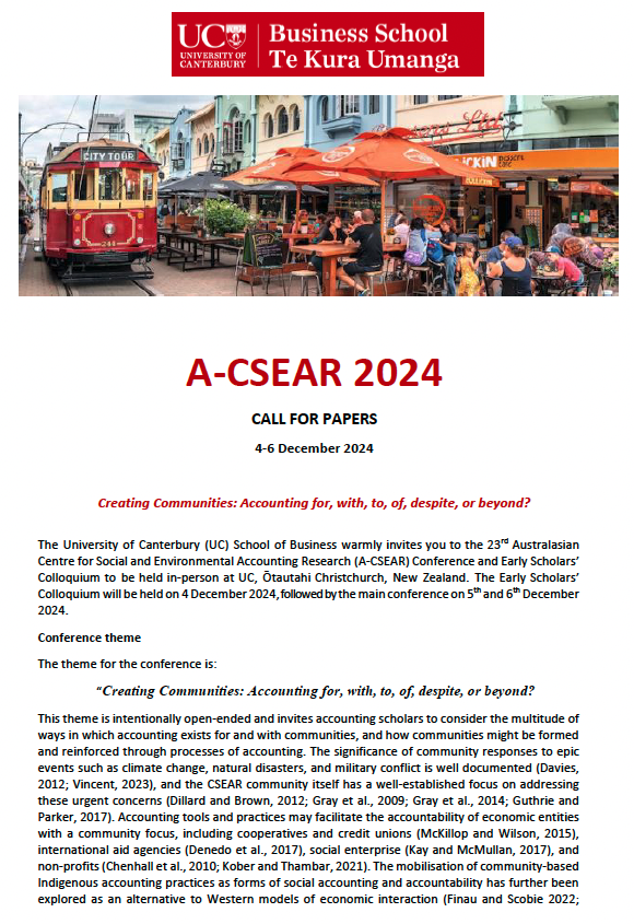 Journal_SEAJ's tweet photo. CALL FOR PAPERS - ACSEAR 2024
4-6 Dec
@UCNZ, New Zealand
Creating Communities: #Accounting for, with, to, of, despite, or beyond?
We encourage submissions that consider accounting’s role in enabling, directing, permitting or restricting communities to emerge &amp; thrive.
@csearUK
👇🏼 https://t.co/foqrs1HroA