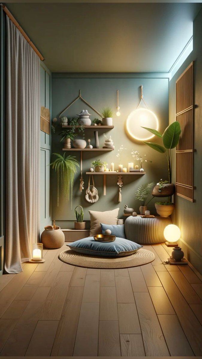 🧘 Zen Den: Create a meditation corner with floor cushions, soft lighting, and calming colors. Designate a serene space for mindfulness and relaxation. #MeditationSpace #ZenDecor