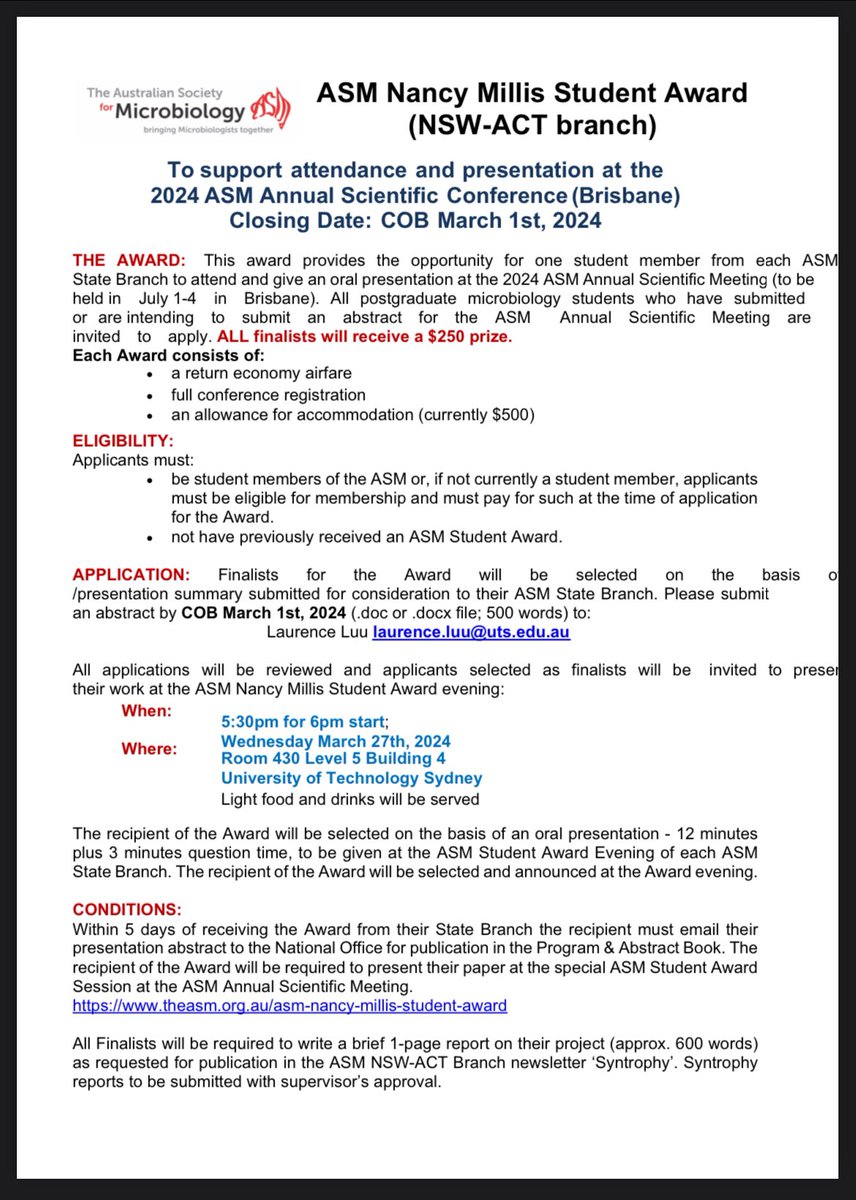 It’s that time of the year!

Call for Student Abstracts: <a href="/AUSSOCMIC/">ASM</a> Nancy Millis Student Award 2024

Submissions Due: March 1st 
Awards Night: March 27th

For more info, see flyer below!