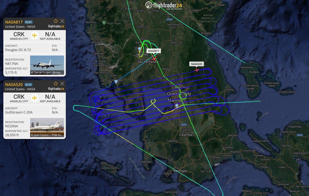 flightradar24's tweet photo. Our most tracked flight right now: NASA’s DC-8 in Manila. The DC-8 and Gulfstream C-20A are in the Philippines, South Korea, and Malaysia throughout February conducting air quality measurements as part of the ASIA-AQ ESPO mission. https://t.co/jKpEWIQF7z https://t.co/grEZwVtMEm