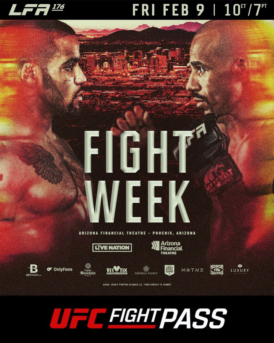 It's #FightWeek and LFA kicks off #SuperBowl weekend with the Featherweight Championship at #LFA176! 🏆 @BabyJohnsMMA 🇺🇸 vs. @AlfredWalkerMMA 🇺🇸 Friday, February 9 @AZFinancialThtr #Phoenix, #Arizona 🎫: livemu.sc/3vO6haN #MMA #LFANation @UFCFightPass